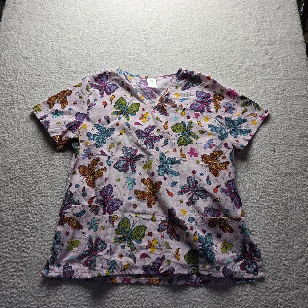 Scrubs Blouse Womens Plus 2X Pink V Neck Short Sleeve Butterfly Floral Top